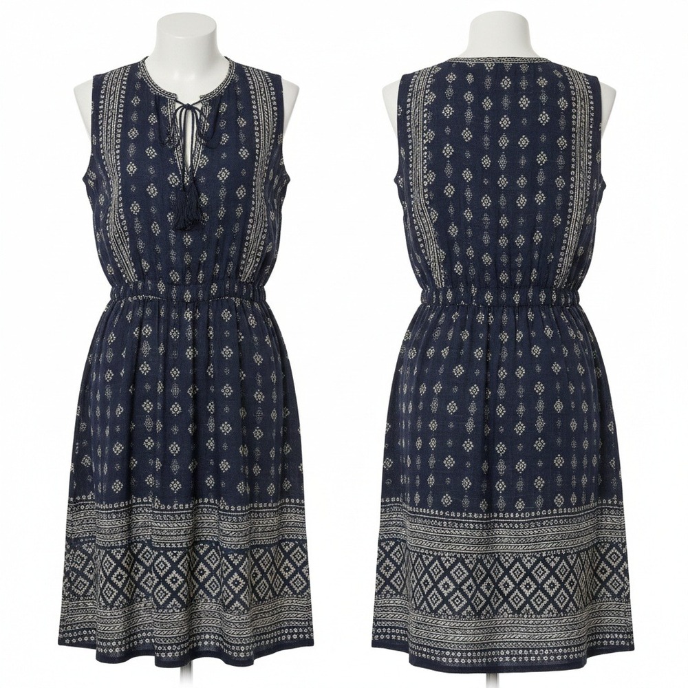 Lucky Brand Navy Blue Boho Geometric Dress M Linen Blend Sleeveless Tassel EUC